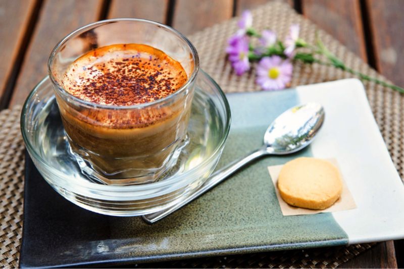 Egg coffee is made of egg yolks, sugar, condensed milk, and robusta coffee